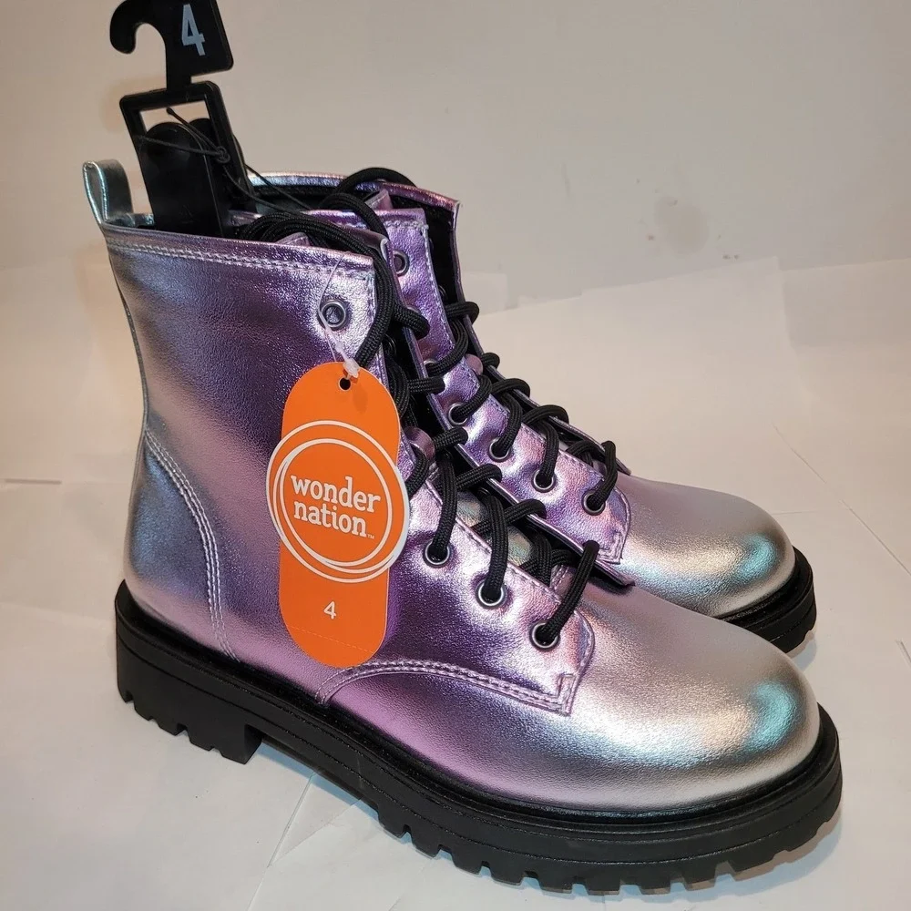 Wonder Nation Girls' Metallic Ombre Combat Boots Lace-Up‎ Purple Silver Size 4